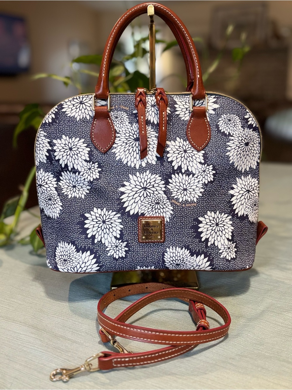 RARE Dooney & Bourke Indigo Blue ‘Zinnia’ Floral Dome Satchel with Brown Trim